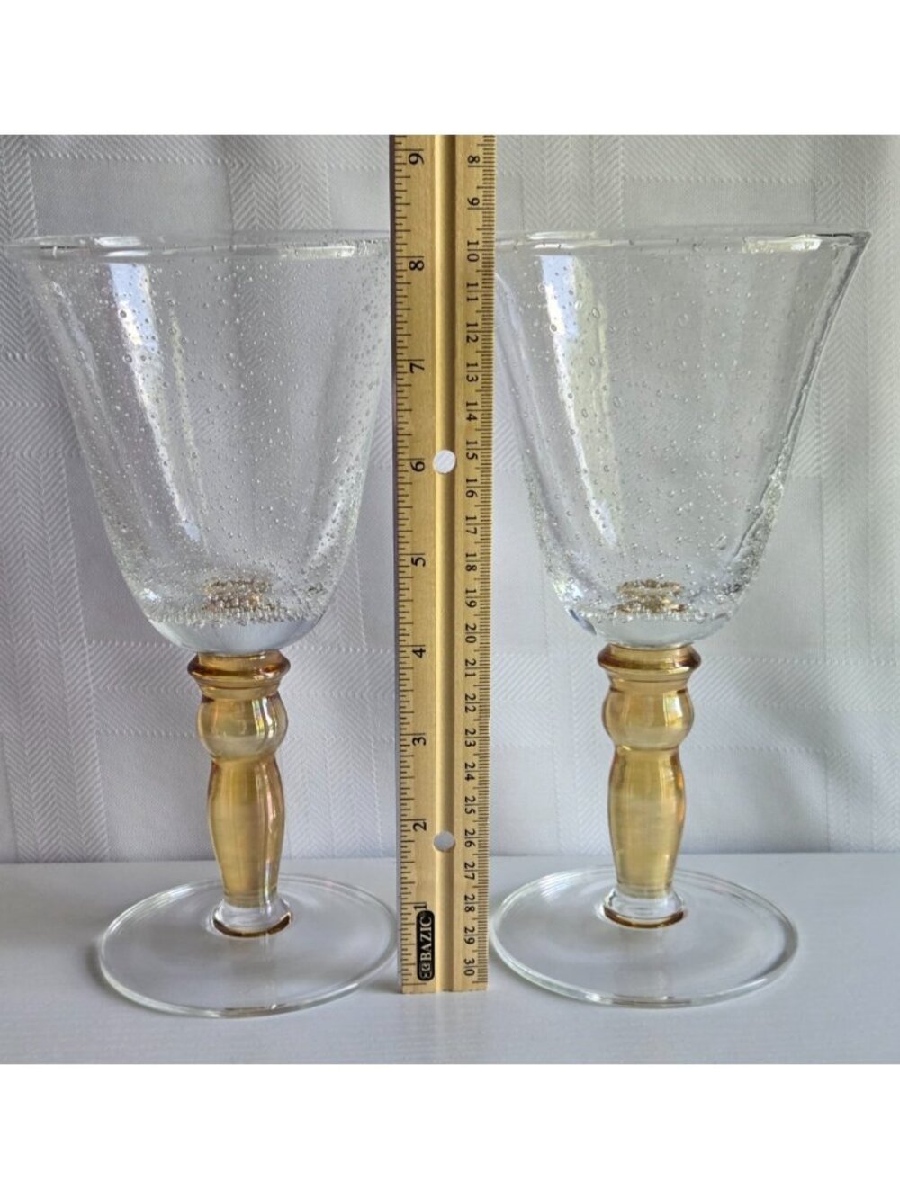 Pottery Barn Bubble Hand Blown Heavy Wine/Water Glasses Amber Stem Set of 2 - Picture 3 of 8